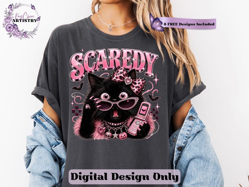Bring a little drama and a lot of personality to your spooky season creations with this adorable Scaredy Cat Halloween PNG featuring a wide-eyed black cat in a glamorous pink coquette aesthetic. Dressed in sparkling rhinestone sunglasses, a pink leopard bow, layered jewelry, fluffy pink accents, and holding a trendy Y2K flip phone, this fashionable feline perfectly captures the playful side of Halloween.