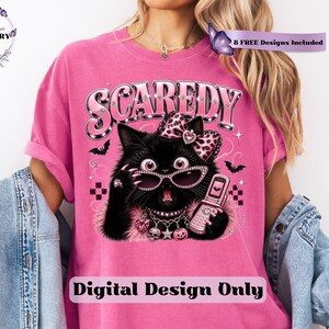 Bring a little drama and a lot of personality to your spooky season creations with this adorable Scaredy Cat Halloween PNG featuring a wide-eyed black cat in a glamorous pink coquette aesthetic. Dressed in sparkling rhinestone sunglasses, a pink leopard bow, layered jewelry, fluffy pink accents, and holding a trendy Y2K flip phone, this fashionable feline perfectly captures the playful side of Halloween.