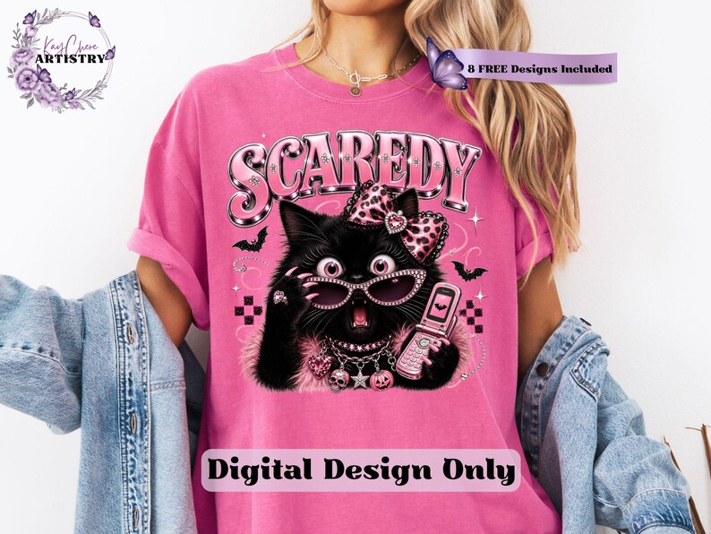 Bring a little drama and a lot of personality to your spooky season creations with this adorable Scaredy Cat Halloween PNG featuring a wide-eyed black cat in a glamorous pink coquette aesthetic. Dressed in sparkling rhinestone sunglasses, a pink leopard bow, layered jewelry, fluffy pink accents, and holding a trendy Y2K flip phone, this fashionable feline perfectly captures the playful side of Halloween.