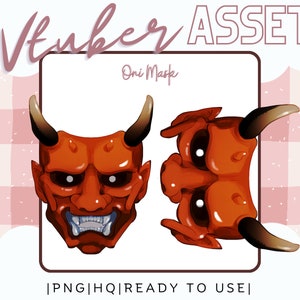 May include: Red Oni mask with horns, a wide mouth, and white eyes. The mask is shown in two different angles.  "Oni Mask" text is written above the mask.