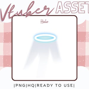 Könnte beinhalten: Eine digitale Grafik eines leuchtenden blauen Heiligenscheins, beschriftet mit "Halo", mit dem Text "Vtuber ASSET" darüber. Der Hintergrund ist ein rosa-weiß kariertes Muster. Der untere Teil des Bildes lautet "|PNG|HQ|READY TO USE|".