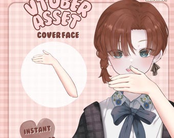 May include: Digital illustration of a VTuber asset with the text "VTUBER ASSET COVER FACE" and "INSTANT DOWNLOAD". The image features a cartoon character with brown hair and a hand gesture.