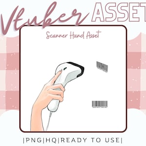 Puede incluir: Ilustración digital de un escáner de código de barras blanco y negro sostenido por una mano. La imagen incluye dos códigos de barras y el texto "Vtuber Asset" y "Scanner Hand Asset". El fondo tiene un patrón de cuadros rosas y blancos.