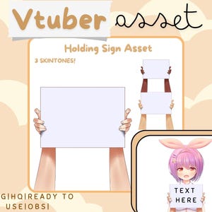 Op de afbeelding: Een digitaal item voor Vtubers met borden met drie huidtintopties. De afbeelding toont handen die blanco witte borden vasthouden, met de tekst "TEXT HERE" op één bord. De woorden "Vtuber asset" en "Holding Sign Asset" zijn ook zichtbaar.