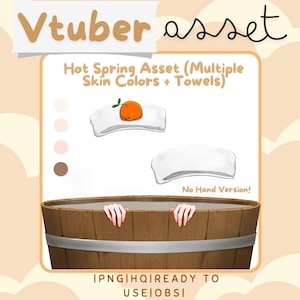 Op de afbeelding: Een digitale illustratie van een warm bad met een houten badkuip, een handdoek en een hand die uit het water steekt. De afbeelding bevat verschillende huidtinten en een tekstoverlay die "Hot Spring Asset (Multiple Skin Colors + Towels)" en "No Hand Version!" luidt.