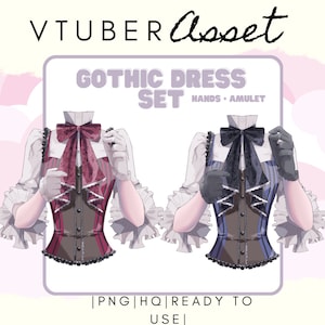 May include: A digital illustration of two gothic-style dresses with a red and blue color scheme. The dresses feature a corset, a bow tie, and a white blouse. The text "Gothic Dress Set Hands. Amulet" is displayed above the dresses.