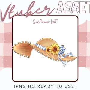 May include: A straw hat with a blue ribbon and two yellow sunflowers. The hat is called "Sunflower Hat" and is a digital asset.