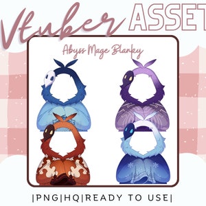 May include: Four digital illustrations of a character wearing different coloured hooded cloaks. The text "Abyss Mage Blanky" is at the top of the image. The text "[PNG] [HQ] [READY TO USE]" is at the bottom of the image.