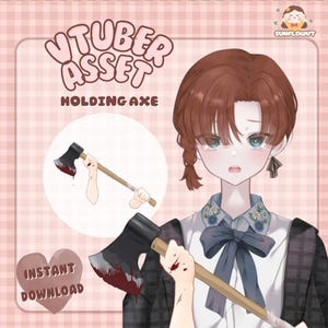 Könnte beinhalten: Digitale Illustration eines Cartoon-Charakters, der eine blutige Axt hält. Das Bild enthält den Text "VTUBER ASSET HOLDING AXE" und "SOFORT-DOWNLOAD". Der Charakter hat braune Haare und trägt ein weißes Hemd mit einer blauen Schleife.