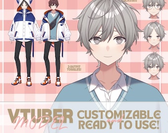 Male Vtuber Model Live2D, Customizable Premade Rigged, 7 Expressions, 3 Outfits, & 2 Hair Toggles