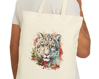 Holiday Snow Leopard Cotton Canvas Tote Bag / Reusable Shopping Bag / Gifts for Animal Lovers