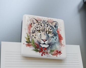 Holiday Snow Leopard Magnet / Porcelain Fridge Magnet / Gifts for Animal Lovers / Holiday Home Decor