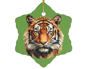 Shaggy Tiger Ornament | Green Ceramic | Tiger Lover Gift | Christmas Tree Decor