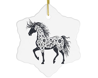 Unicorn Ornament Wild Mane Ceramic / Circle Heart Star Snowflake / Gift for Holiday Christmas Tree / Magical Creature Block Print
