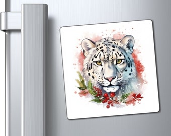 Holiday Snow Leopard Magnet / Fridge and Home Decor / Gifts for Animal Lovers