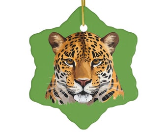Jaguar Green Ceramic Ornament | Circle Star Snowflake | Big Cat Gift