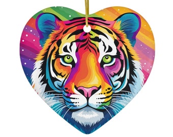 Rainbow Tiger Heart Ceramic Ornament | Colorful Big Cat | Tiger Lover Gift