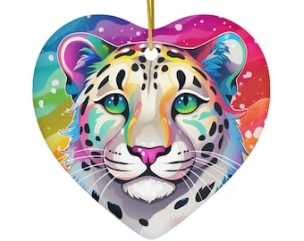 Rainbow Snow Leopard Heart Ceramic Ornament | Colorful | Big Cat Gift