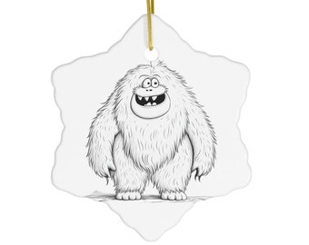 Cute White Yeti Ceramic Ornament | Heart Circle Star Snowflake | Cryptid Gift