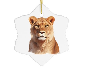 Regal Lioness Ceramic Ornament / Circle Heart Star Snowflake / Gift for Animal Lover / Holiday Christmas Tree / Big Cats