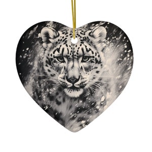 Ceramic Ornament Snow Leopard in a Blizzard Charcoal Sketch / Heart Circle / Holiday Christmas Tree Ornament / Animal Lover image 7