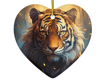 Majestic Tiger Ceramic Ornament / Circle Heart / Holiday Christmas Tree / Gift for Animal Lover / Big Cats