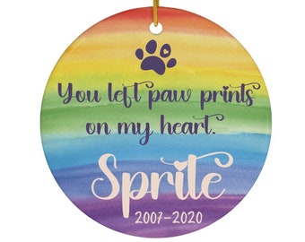 Personalized Pet Memorial Ornament | Rainbow Bridge | Paw Prints on My Heart