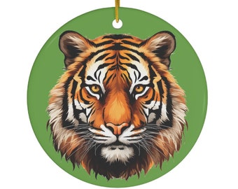Majestic Tiger Green Ceramic Ornament | Circle Heart Star Snowflake | Gift