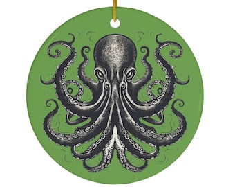Black Kraken Ornament | Green Ceramic | Sea Monster Gift | Holiday