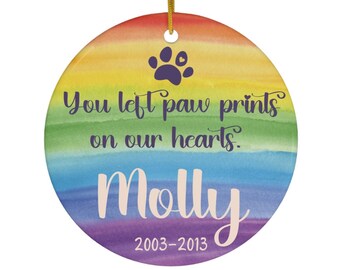 Personalized Pet Memorial Ornament | Rainbow Bridge | Paw Prints on Our Hearts