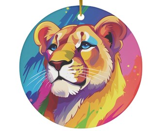 Rainbow Lioness Ceramic Ornament / Circle Heart / Holiday Christmas Tree / Gift for Animal Lover / Big Cats