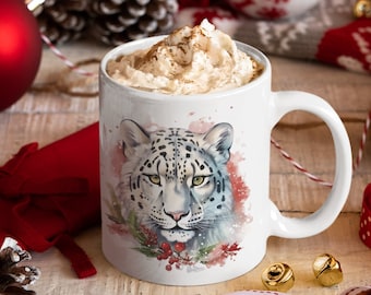 Holiday Snow Leopard Mug | 11oz Ceramic | Big Cat Gift | Coffee Tea Christmas