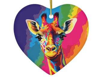 Rainbow Giraffe Heart Ceramic Ornament | Colorful Wildlife | Animal Lover Gift