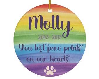 Personalized Pet Memorial Ornament | Rainbow Bridge Style 2 | Paw Prints Our Hearts