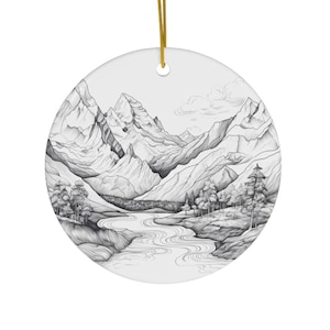 Mountain and Stream Ceramic Ornament / Circle Heart / Gift for Outdoorsman / Fishing Hiking Camping / Holiday Christmas Tree