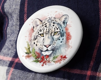 Holiday Snow Leopard Pin Button | Jacket Backpack | Big Cat Stocking Stuffer