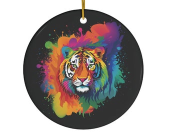 Rainbow Tiger Round Ceramic Ornament / Gift for Animal Lover / Christmas Tree Decoration / Big Cats