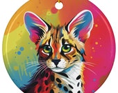 Ceramic Ornament, Serval Cat Rainbow Christmas Tree Decoration Gift, Holiday Ornament, Wildlife Animal Lover Decor, Colorful Hanging Home