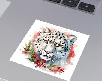 Holiday Snow Leopard Sticker / Square Vinyl Indoor Outdoor / Gifts for Animal Lovers