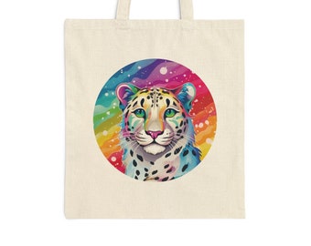 Rainbow Snow Leopard Cotton Canvas Tote Bag / Gift for Animal Lover