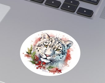 Holiday Snow Leopard Sticker / Round Vinyl Indoor Outdoor / Gifts for Animal Lovers / Holiday Decor