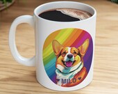 Personalized Corgi Pet Name Coffee Cup, Dog Lover Gift, Customizable Tea Mug, Colorful Circle Design