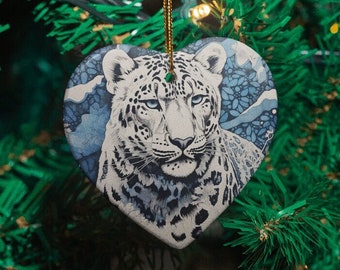 Snow Leopard Ornament / Ceramic Heart / Gifts for Animal Lovers / Big Cats / Block Print Style Art