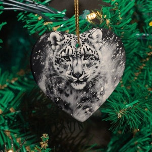 Ceramic Ornament Snow Leopard in a Blizzard Charcoal Sketch / Heart Circle / Holiday Christmas Tree Ornament / Animal Lover image 1