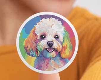 Rainbow Toy Poodle / Round Vinyl Indoor Outdoor Sticker / Perfect for Dog Lovers / White Poodle
