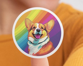 Rainbow Corgi Sticker / Round Vinyl Indoor Outdoor Sticker / Perfect for Corgi Owners or Fans