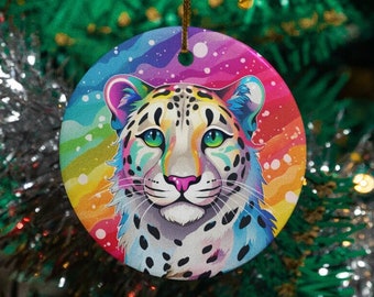 Rainbow Snow Leopard Round Ceramic Ornament | Colorful | Big Cat Gift