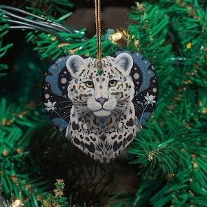 Snow Leopard Ornament / Ceramic Heart / Gifts for Animal Lovers / Big Cats / Folk Art Style