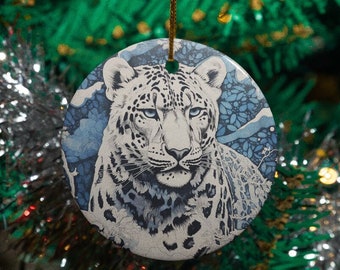 Snow Leopard Ornament / Ceramic Circle / Gifts for Animal Lovers / Big Cats / Block Print Art