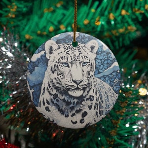 Snow Leopard Ornament / Ceramic Circle / Gifts for Animal Lovers / Big Cats / Block Print Art